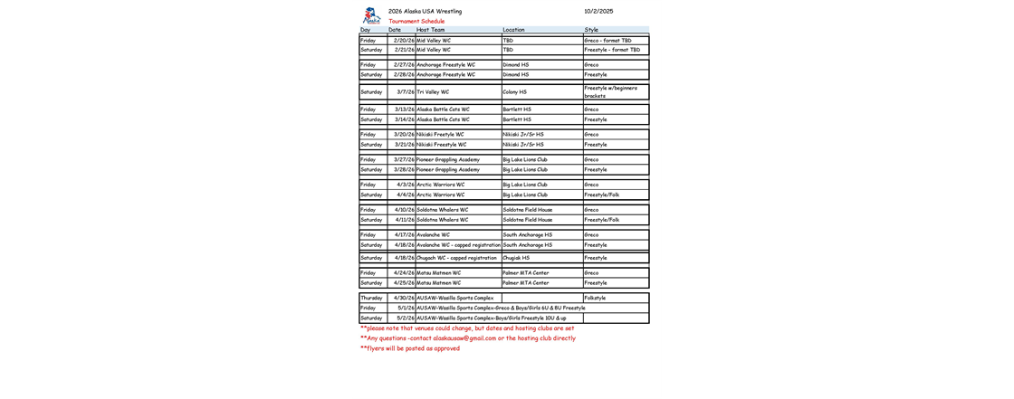 2026 AUSAW Tournament Schedule