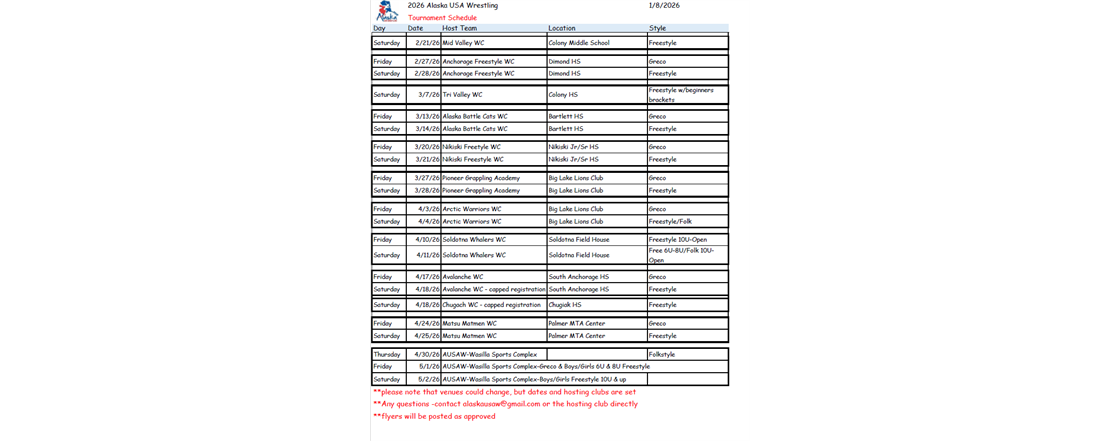 2026 AUSAW Tournament Schedule