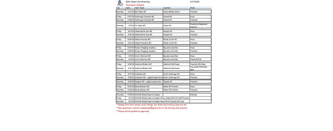 2026 AUSAW Tournament Schedule